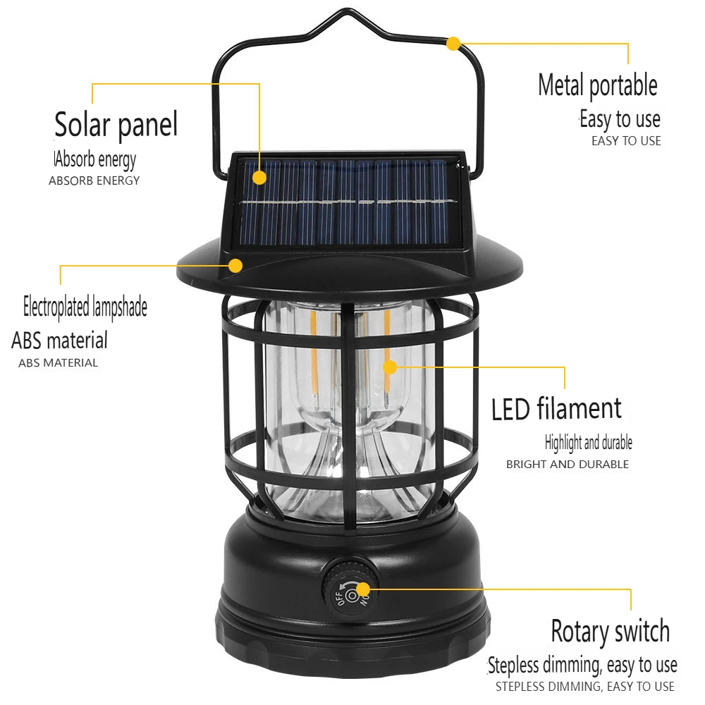 Solar Camping Tent Lantern Rechargeable Vintage Pendant Light Portable Stepless Dimming And Hook Waterproof For Adventure picnic