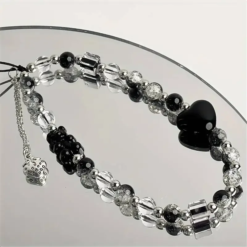 Chaîne de téléphone ours fraise noir, breloque dragonne, cordon de téléphone portable, lanière pour fille, étui de téléphone portable, chaîne suspendue