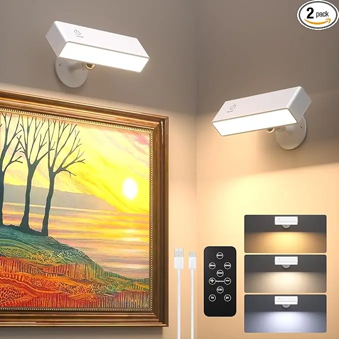 2 Pack 360 Rotatable Magnetic LED Wall Sconce, Type-C Rechargeable Dimmable Reading Lamp with Remote Control, 3 Color Modes Portable Wall Light for Bedside, Vanity Mirror, Bathroom