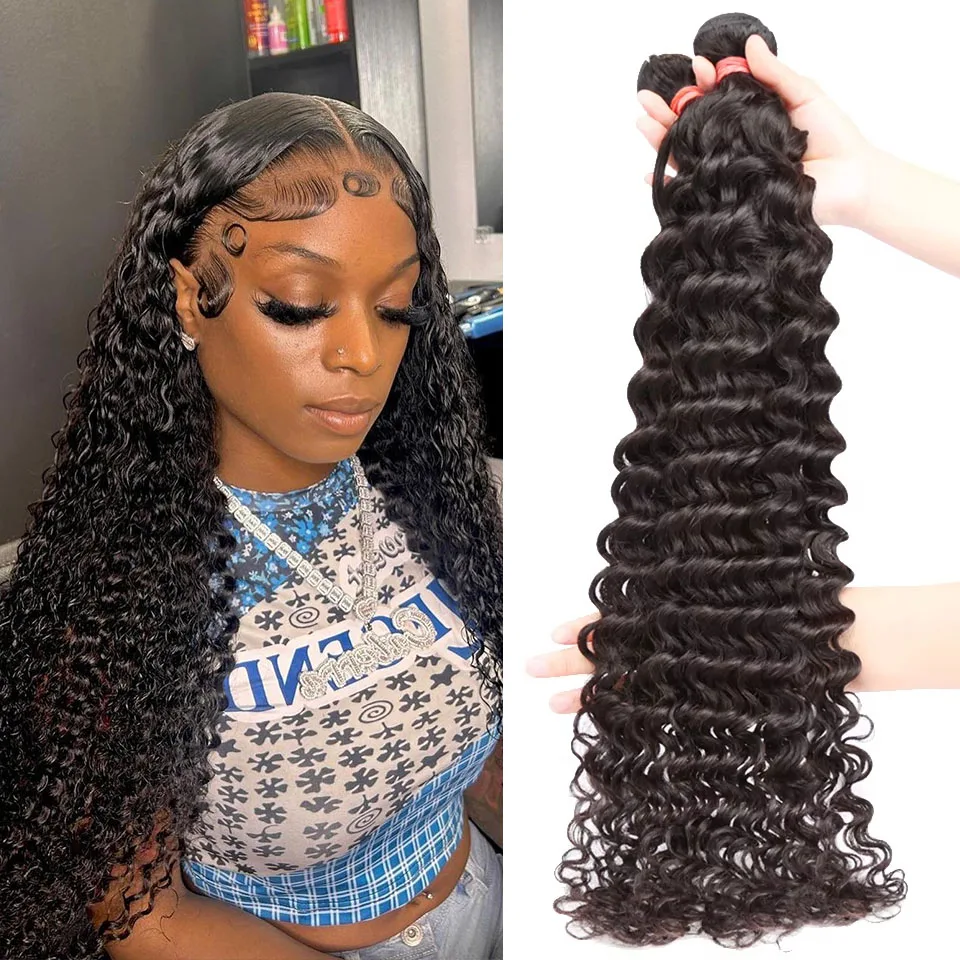ディープカーリーブラジリアンヘア-ディープウェーブ人毛バンドル-グレードディープウェーブカーリーヘアバンドル-太い髪織りバンドル-1-3-4-バンドル
