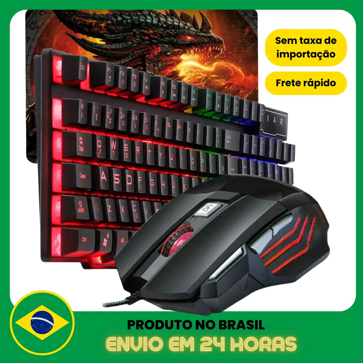 Kit Teclado Semi-mecânico + Mouse Gamer 3200DPI + Mauspad