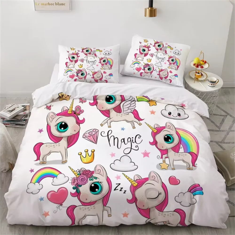 Children Bedding Sets Gifts Unicorn and Colorful Horse Printing Duvet Cover Sets for Kids Girls Boys 2/3 Pcs Single Pink Quilts