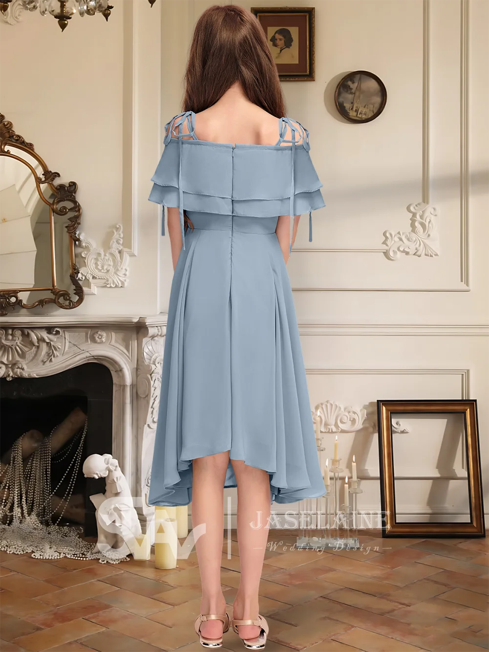 Um crianças elegante a linha fora do ombro assimétrico chiffon júnior vestido de dama de honra vestido da menina de flor meninas festa de casamento formal