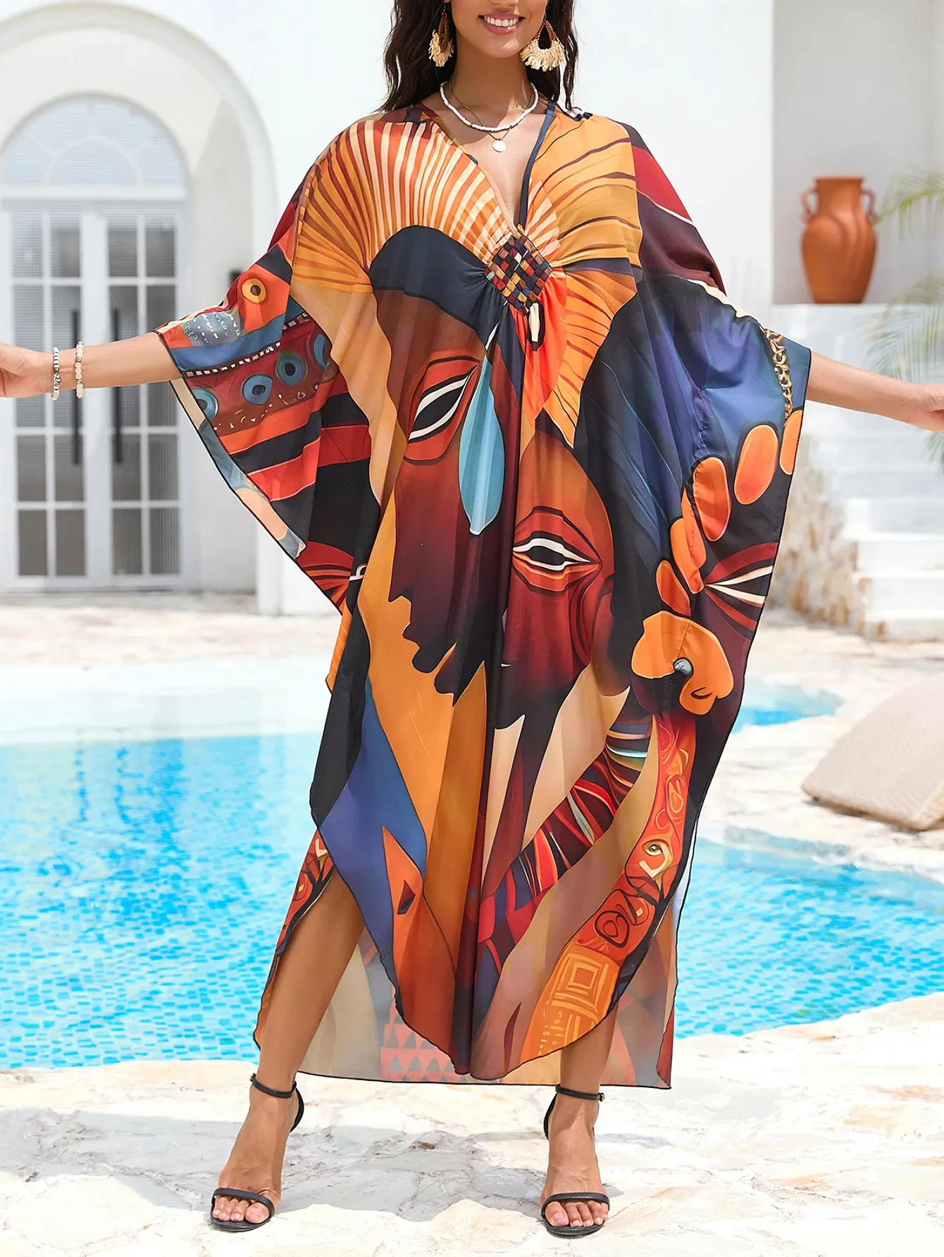Vestidos de caftán para mujer de talla grande con cuello en V Moo Moos Batwing Kaftan Vestido de playa Traje de baño Ropa de descanso para cubrir