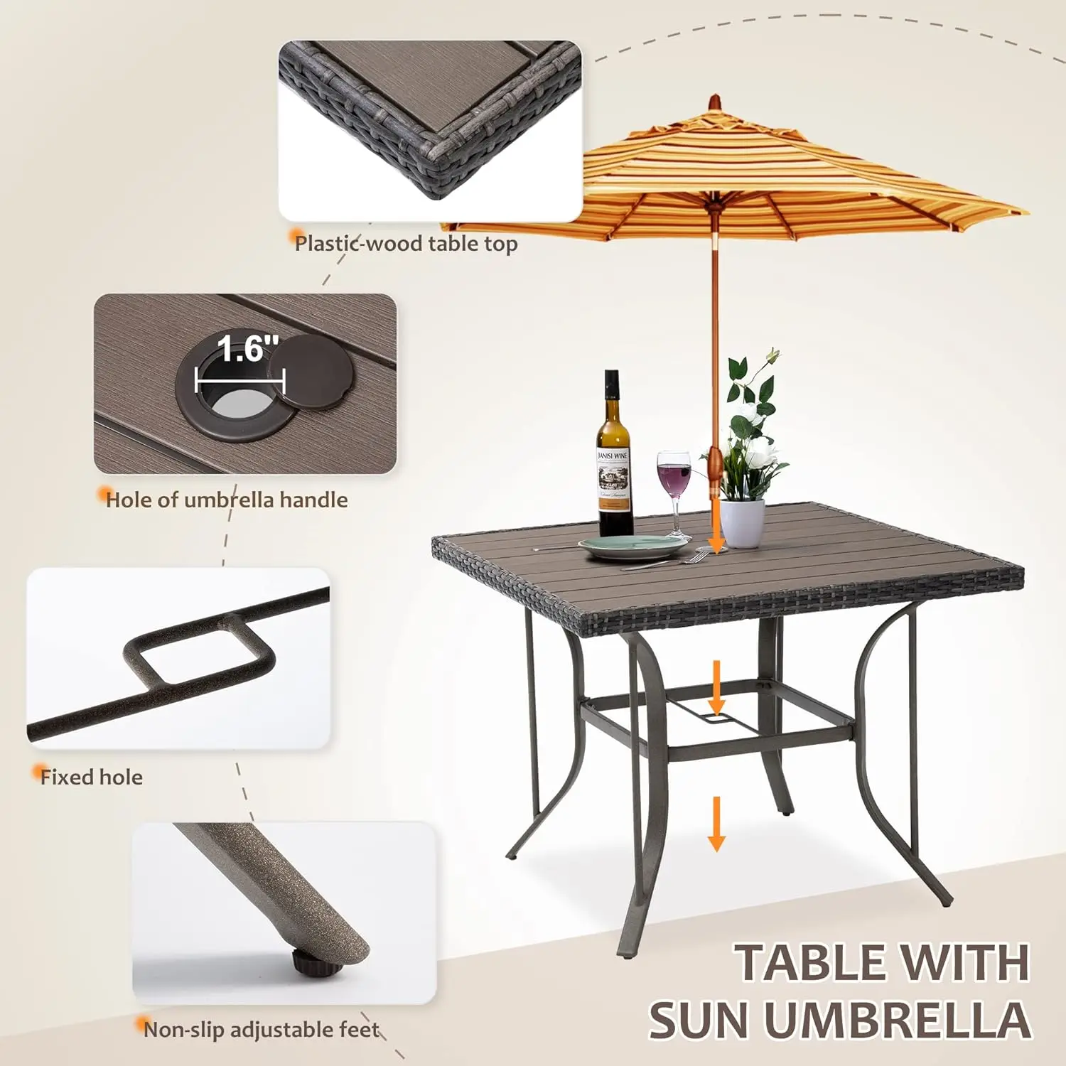 Weather Resistant Outdoor Patio Dining Set PE Rattan Table And Chairs with Comfortable Cushions Easy Maintenance 5 Piece Set