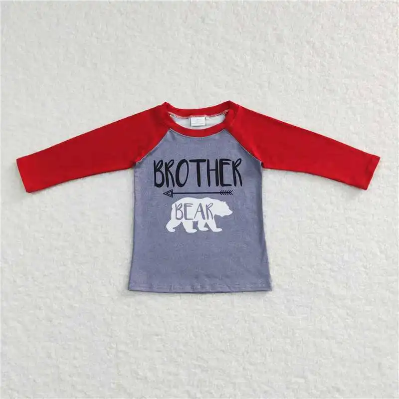 Western Fashion Baby Sister Brother Bear Polar Bear Red Grey Long Sleeve Top Wholesale Children Clothes