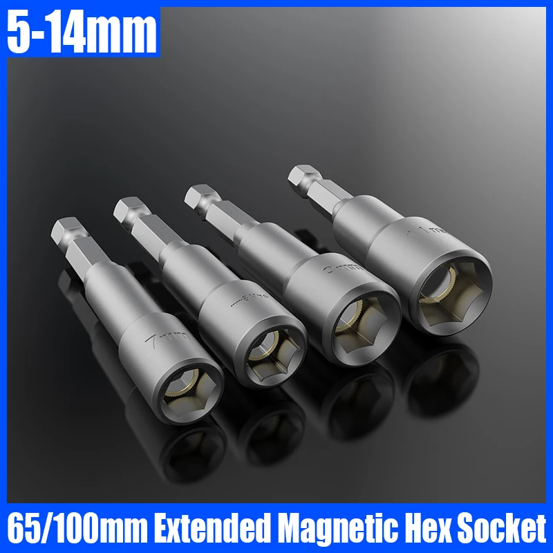 

65/100MM H5-H14 Electric Screwdriver Hex Nut Socket Sleeve Lengthened Strong Magnetic Nut Screwdriver Sleeve High Hardness Bit