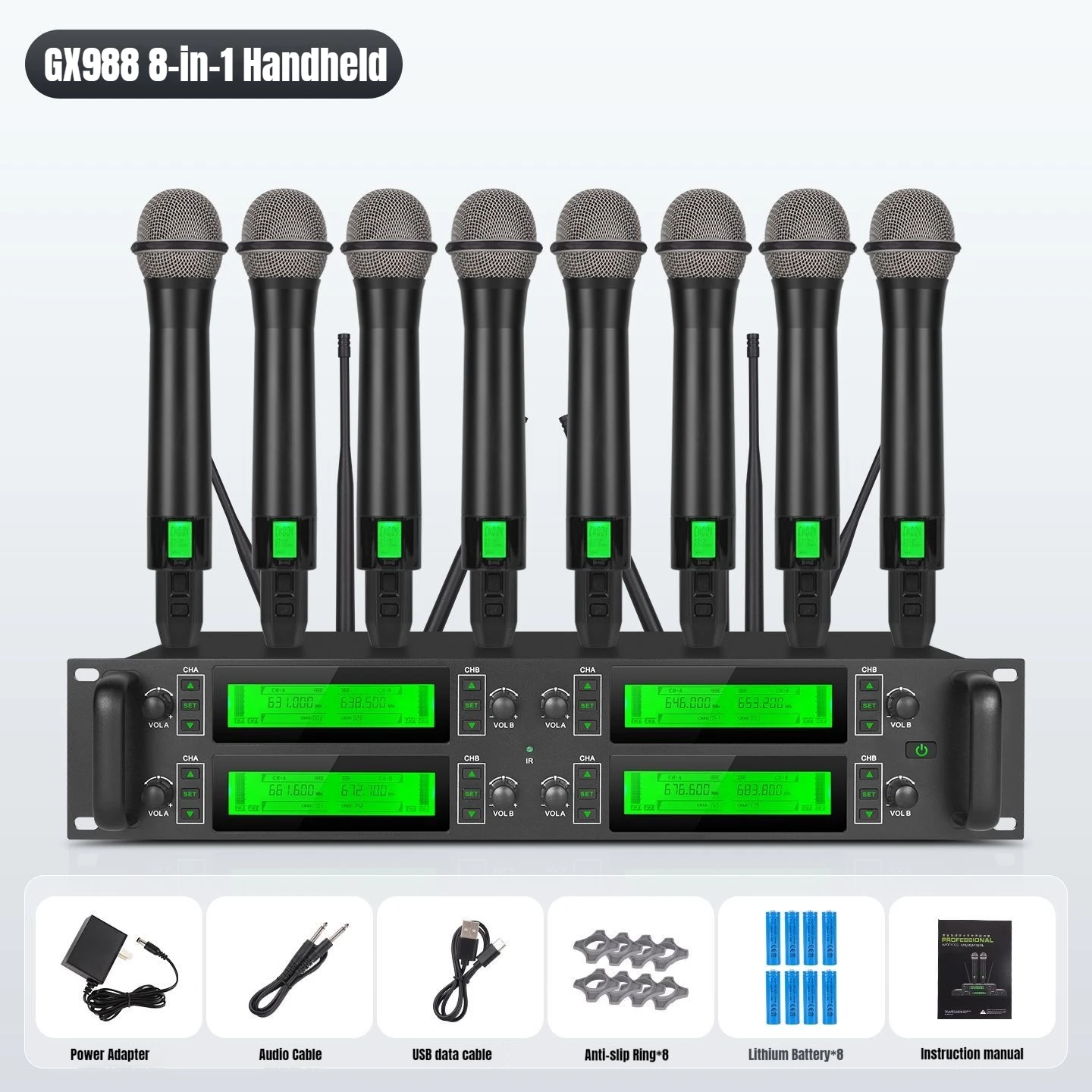 NXG GX988  Professional 8-Way Wireless Microphone Receiver Set, Dual Signal Antennas for Steady Signal, Low Noise Professional Stage Audio Equipment, Multi-Scene Compatible for Bar, Church, Group Singing & Large Scale Party.