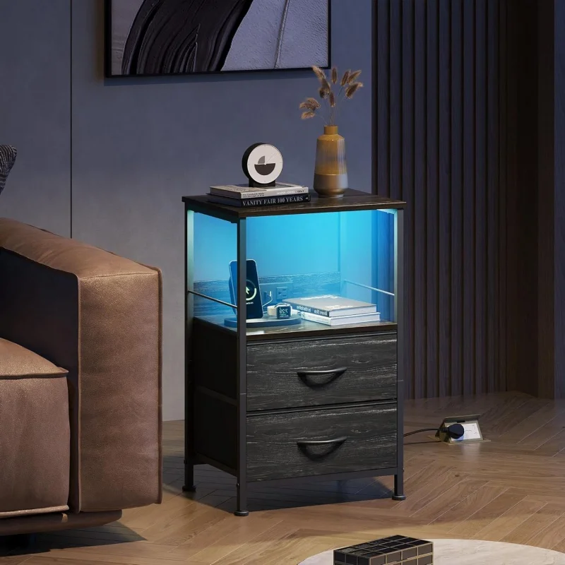 منضدة GALAXHERO مع محطة شحن LED طاولة بجانب السرير 2 أدراج قماشية رف تخزين 3 منافذ USB 2 منافذ خزانة صغيرة