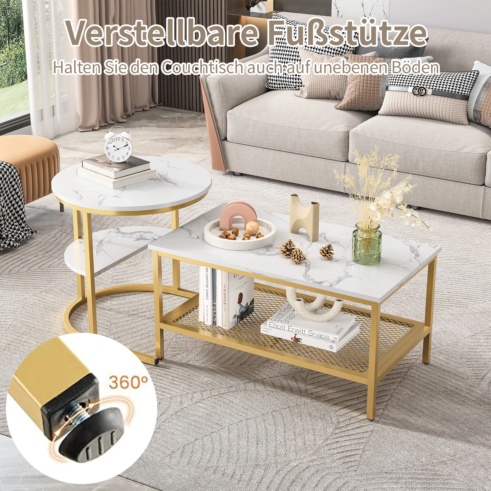 2PCS Modern Nesting Coffee Table, Coffee Table Set Marble Veneer Sofa Side Nest of Tables End Tables,Set of 2,Golden Frame