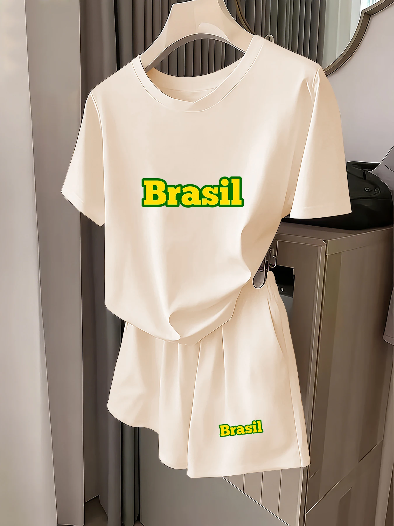 

Summer Brasil Yellow Letter Print Sports Suit Brazilian Fan Style Casual Short-Sleeved Shorts Two-Piece Set