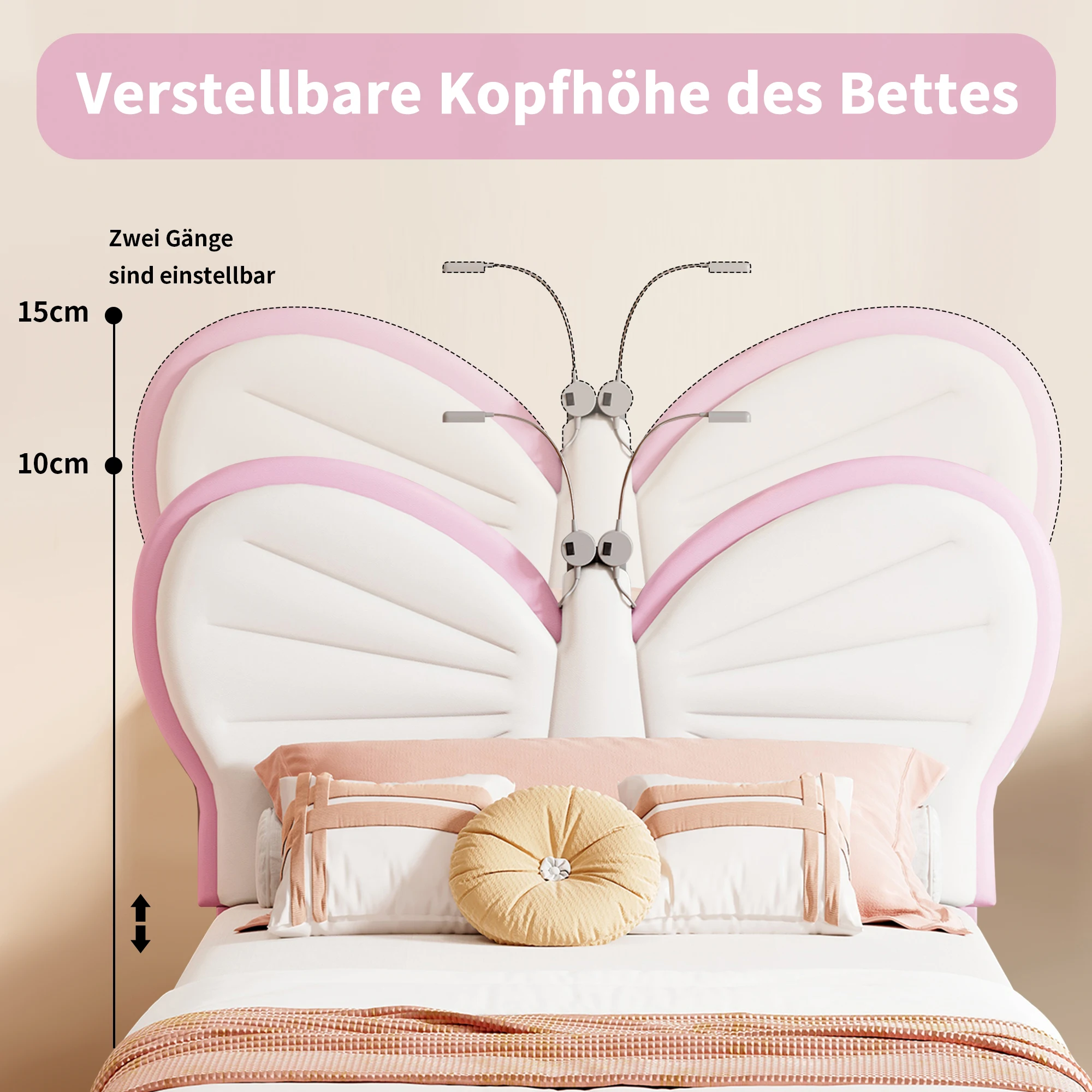 Cama infantil tapizada para niñas de 90x200 cm, cama individual con luces de lectura, cabecero ajustable con forma de mariposa, sin colchón