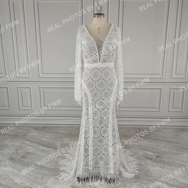 Vestido de novia de manga larga con escote en V para mujer, traje Sexy de encaje con espalda descubierta y borlas, hecho a medida, fotos reales, #9652