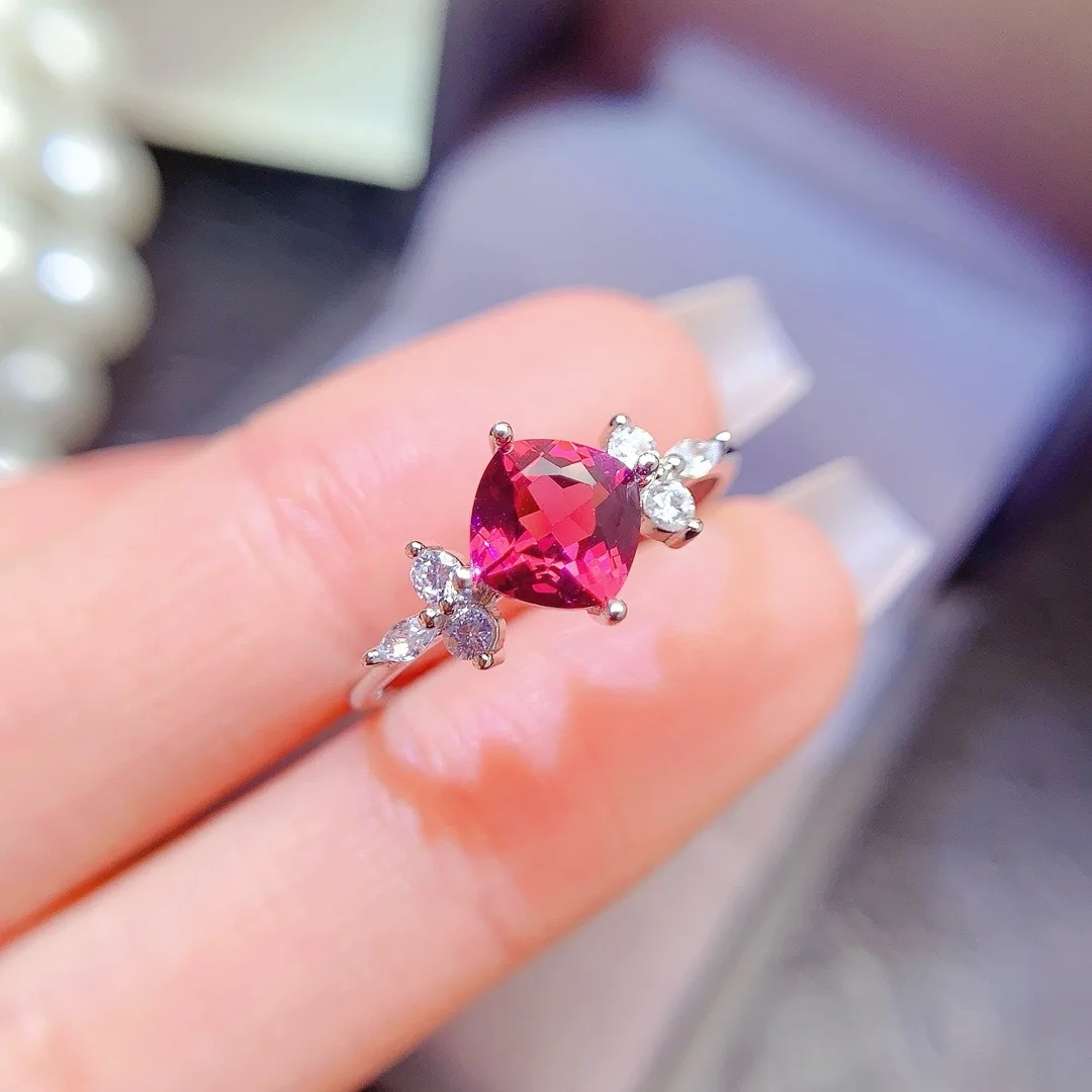 KJJEAXCMY girls' pure natural 6x6mm magnesium aluminum garnet ring 925 sterling silver electroplated 18K white gold Christmas