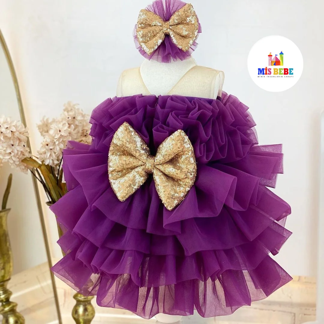 Adorable Baby Girl Tutu Dress with Glittery Gold Bow - Perfect for Special Occasions