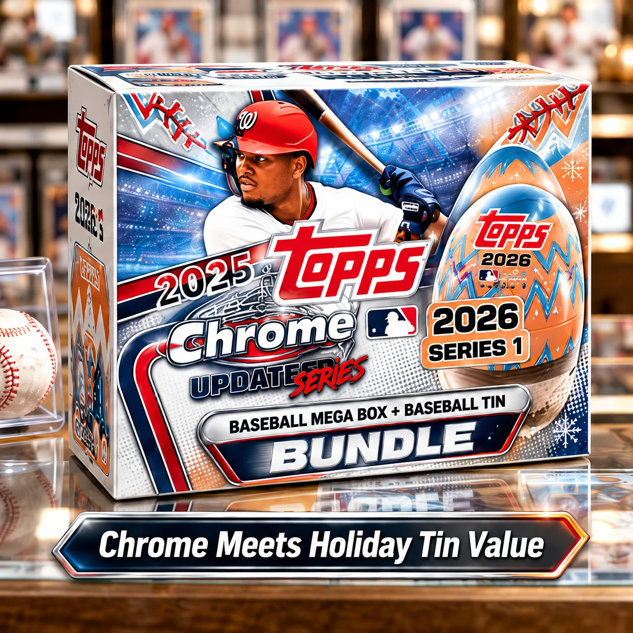 2025 Topps Chrome Update Baseball Mega Box With 2026 Topps Series 1 Baseball Tin Bundle, 101 Cards Total, MLB Baseball Cards, Retail Trading Cards, Look for 2 Refractor, 1 Prism, 2 Raywave, 10 X-Fractor, 2 Holiday Variations And 1 Polka Dot Parallel