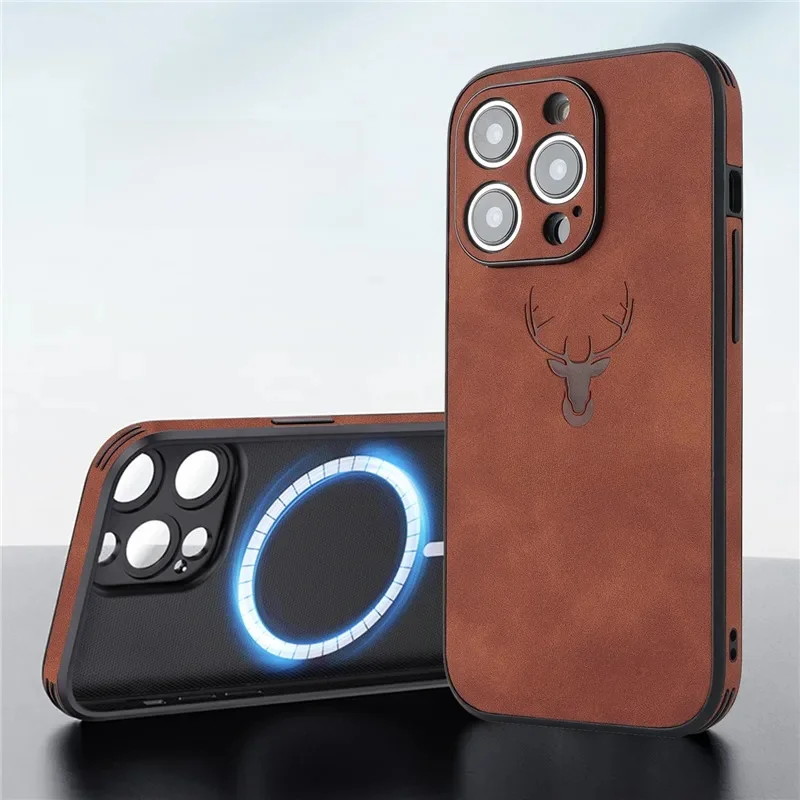 Deer A Bold Attempt – skórzane etui na iPhone 11, 12, 13, 14, 15, 16, 17, 18 Pro Max Plus, z funkcją MagSafe, magnetyczne, do montażu w samochodzie. — zdjęcie produktu 7
