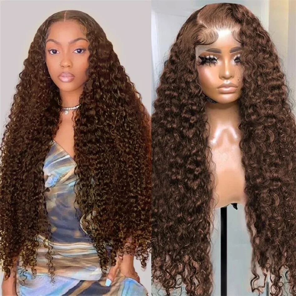 13x6 Chocolate Brown Deep Wave Human Hair Wig Lace Front Water Curly Wave Wig 28 30 Inch Transparent Lace Frontal Wigs For Women