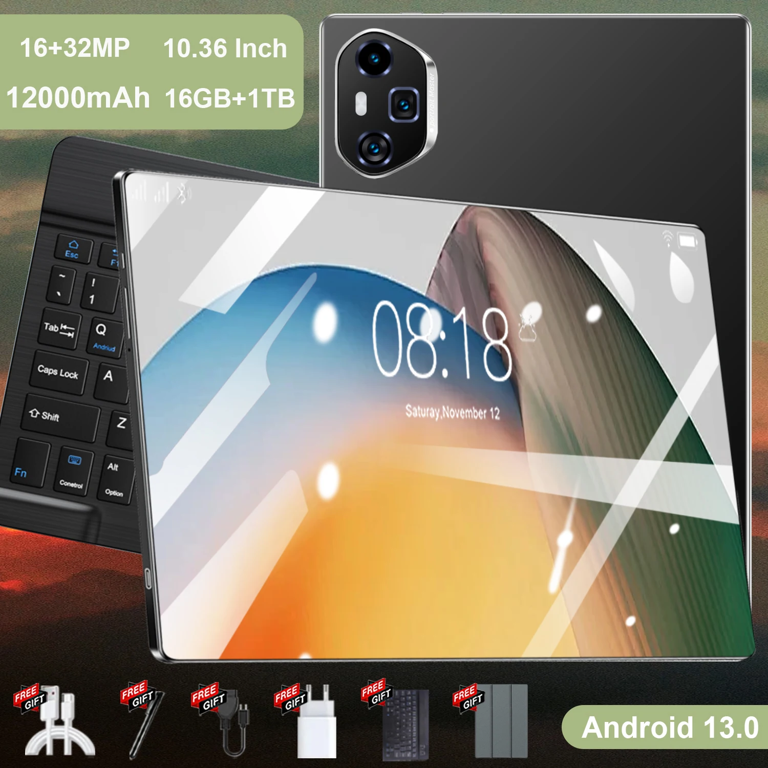 Práctica tableta Android 13 de 10,36 pulgadas, con procesador de 10 núcleos, 16 GB de RAM, 1 TB de almacenamiento, batería de 12 000 mAh de