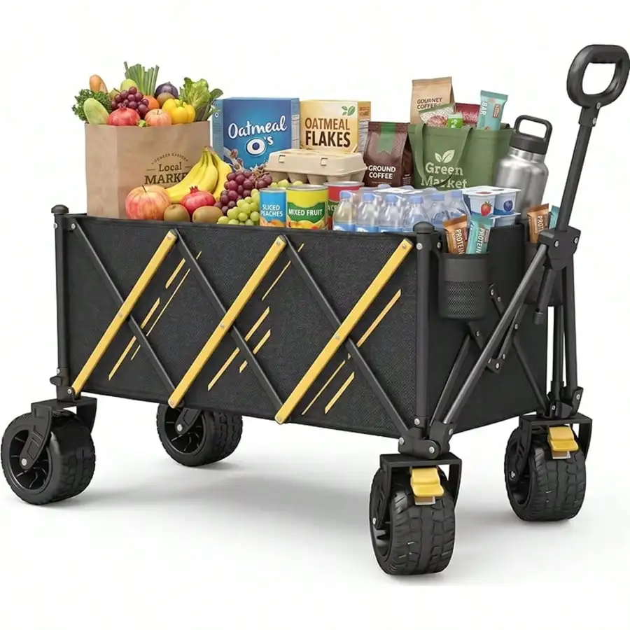 Collapsible Outdoor Wagon Cart, Heavy Duty Foldable Utility Cart with Large Capacity, All‑Terrain Wide Wheels Portable Hand Wagon for Camping Grocery Shopping Beach Yard Use