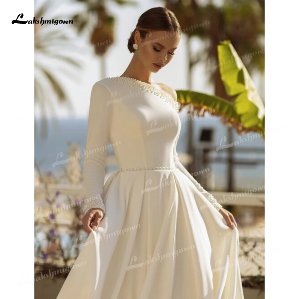 Sexy Beading Off-shoulder Long Sleeves Satin Beach A Line Wedding Dress For Women Customized Bridal Gown vestidos de novia robe