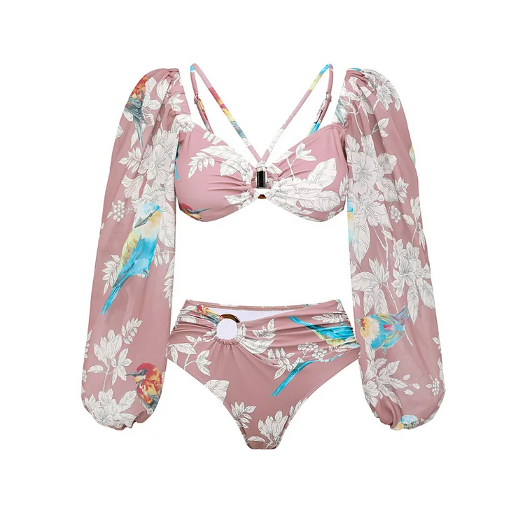 2024 New Long Sleeve Birds Printed Bikini Swimsuit Summer Swimwear Women Beachwear Bathing Suit