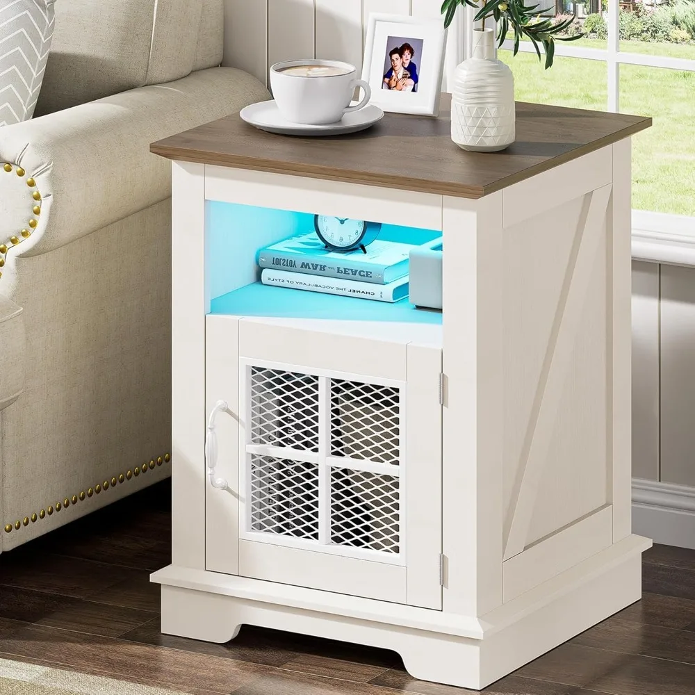 

Прикроватная тумбочка с RGB-подсветкой, прикроватная тумбочка в стиле фермерского дома с магнитной металлической сетчатой дверцей, деревянный прикроватный столик в деревенском стиле