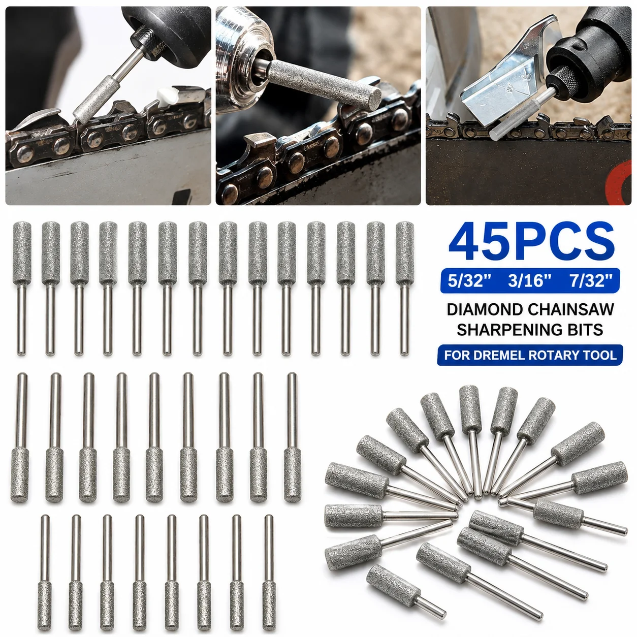 45PCS Chainsaw Sharpening Bits Diamond Grinding Burrs 5/32 3/16 7/32 Inch Rotary Tool Chainsaw Chain Saw Sharpener File Accessories