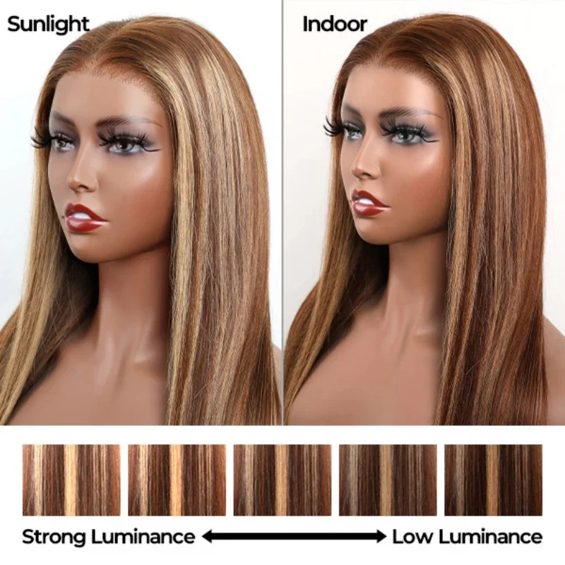 Ombre Highlight Straight Lace Front Wig, Glueless Wig, Pre-arrancado, 180% Densidade, Cabelo Humano, 4/27 Wear, 7x5 HD, 20 em