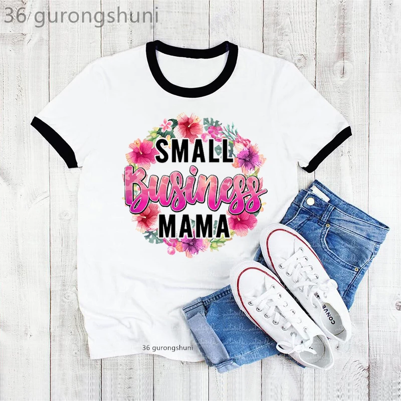 

Small Business Mama Letter Print Tshirt Women Watercolor Pink Flowers T Shirt Femme Super Mom Life T-Shirt Female Streetwear