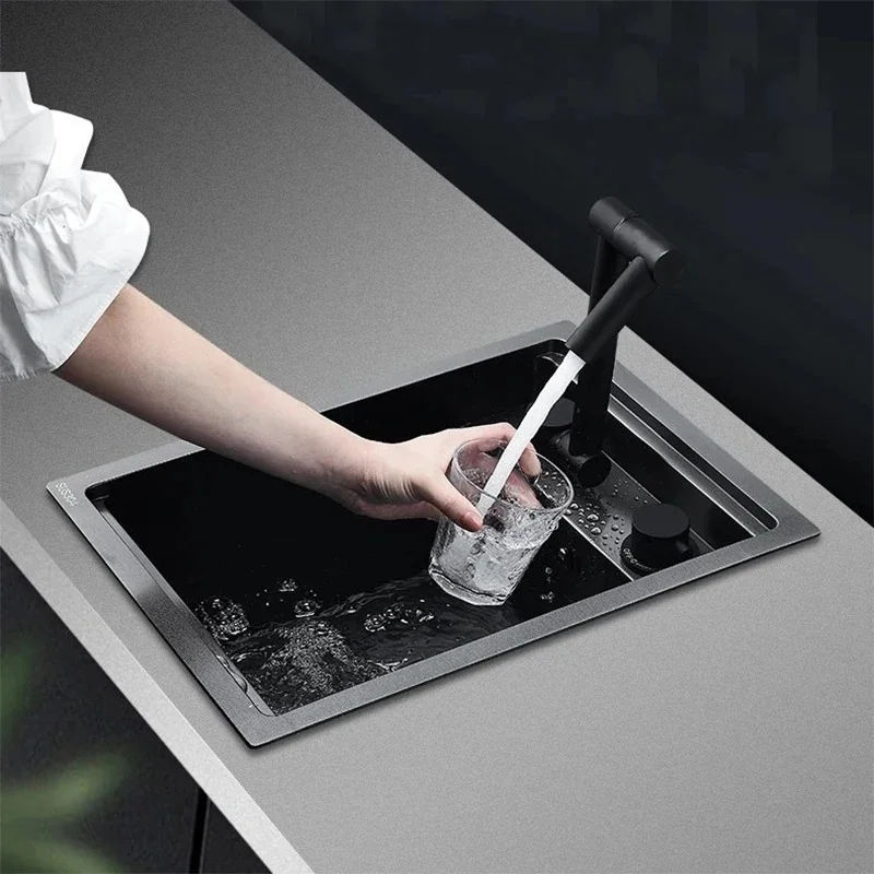 Nano Verborgen Bar Aanrecht Zwart Opvouwbare Kraan Mini Kleine Enkele Kom Wastafel Roestvrijstalen Zeepdispenser Accessoires - afbeelding 2