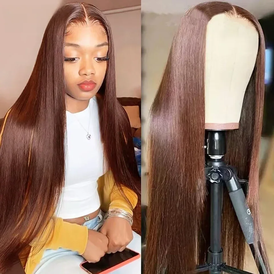 ISEE Hair # Perruque droite marron chocolat 4 Wear And Go, 7x5, en dentelle transparente, sans colle, en cheveux humains, pré-coupée et pré-épilée