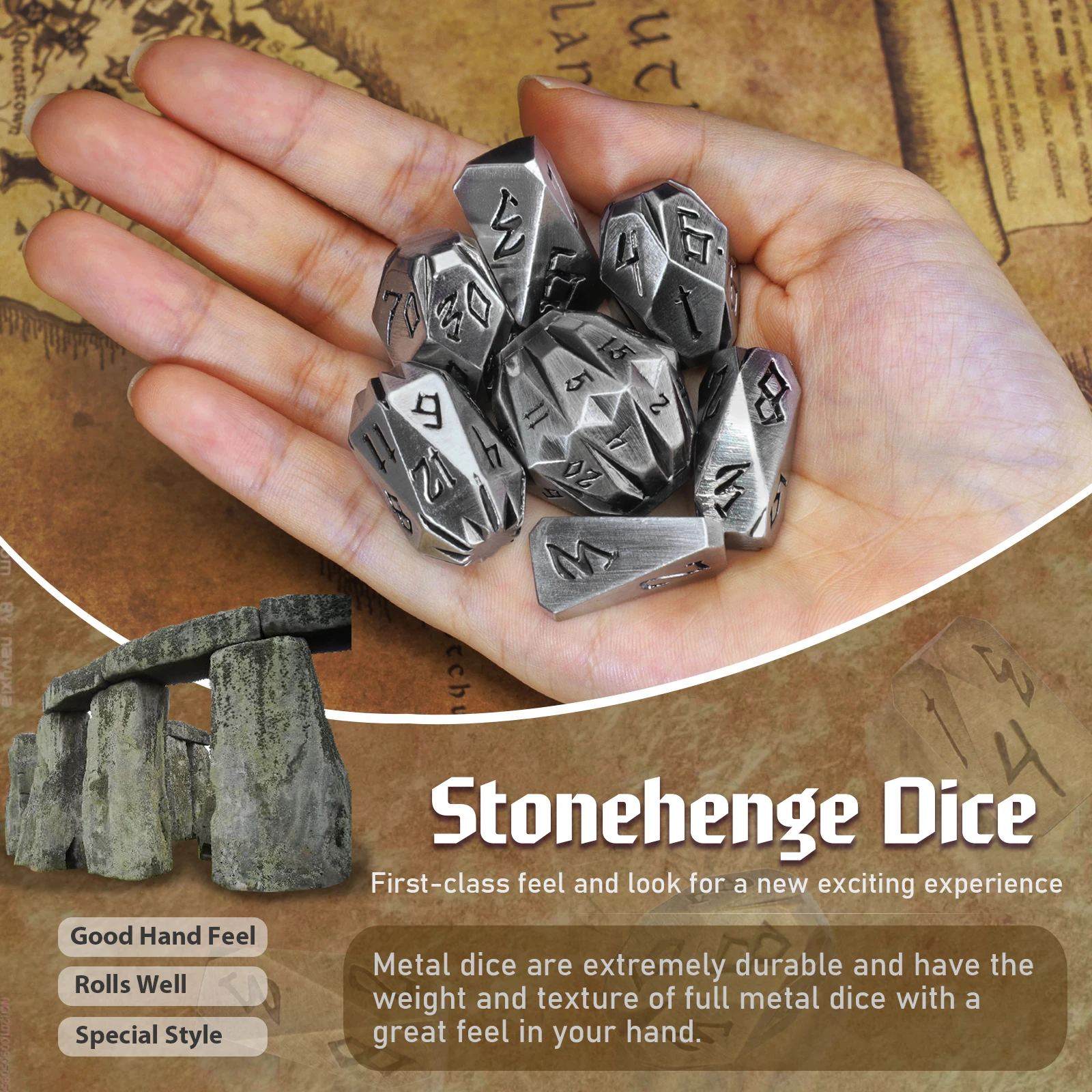 7PCS D&D Dice Metal Dice Set , Unique Cool Stonehenge Theme Polyhedral Dice Set with Box for DND Role Playing Games