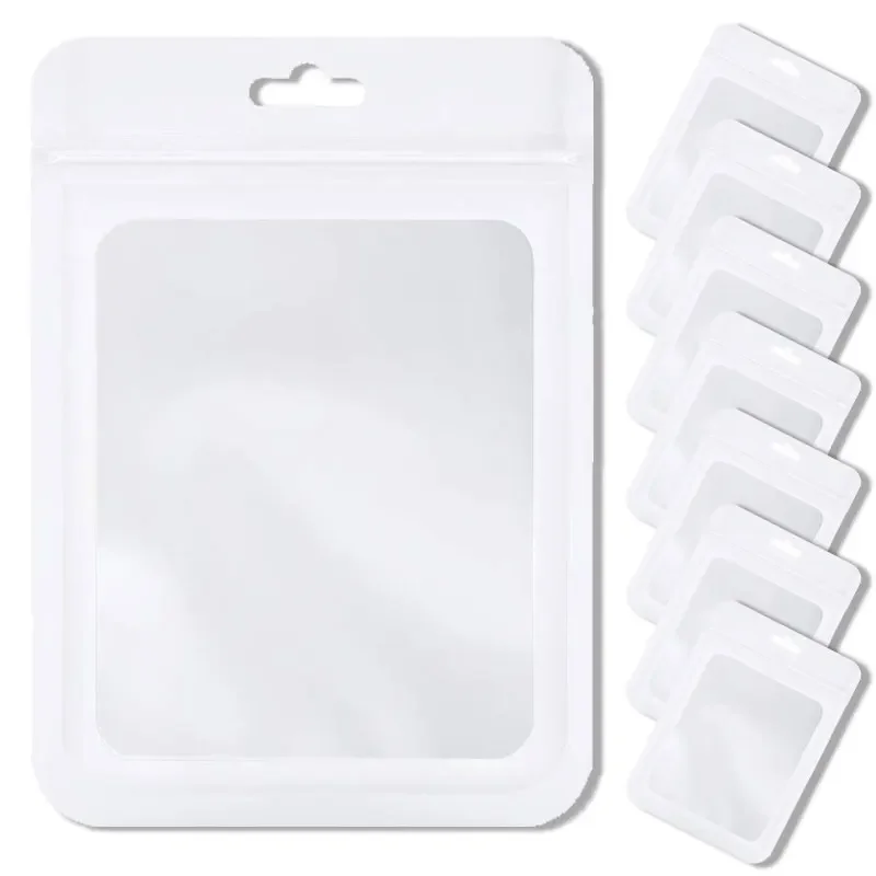 Sacs blancs réutilisables à fermeture éclair en Mylar, pochettes en aluminium avec fenêtre transparente pour l'exposition de bijoux, emballage, sacs suspendus auto-scellants, 50 à 100 pièces