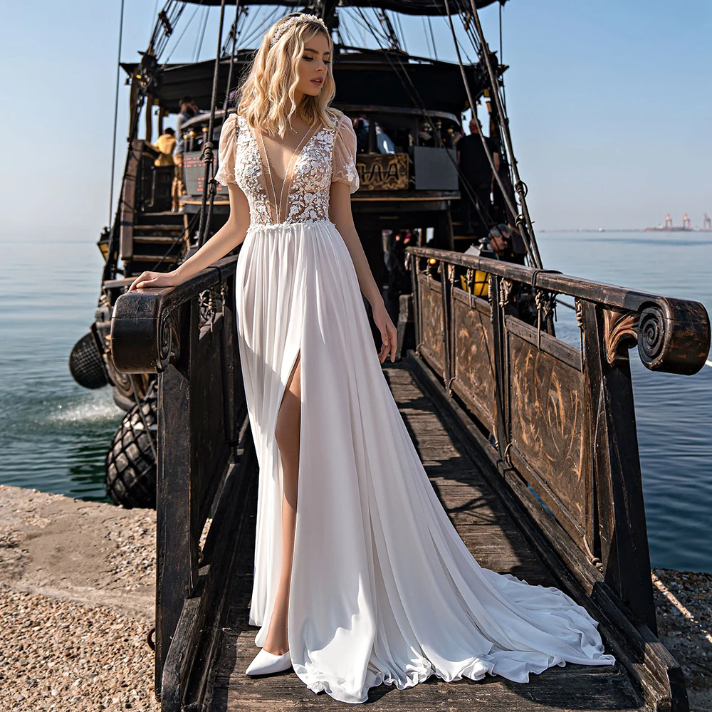 Customized Weilinsha Classic Chiffon Beach Wedding Dress For Brides Deep V-Neck Appliques Lace Civil Bridal Gown With Side Slit