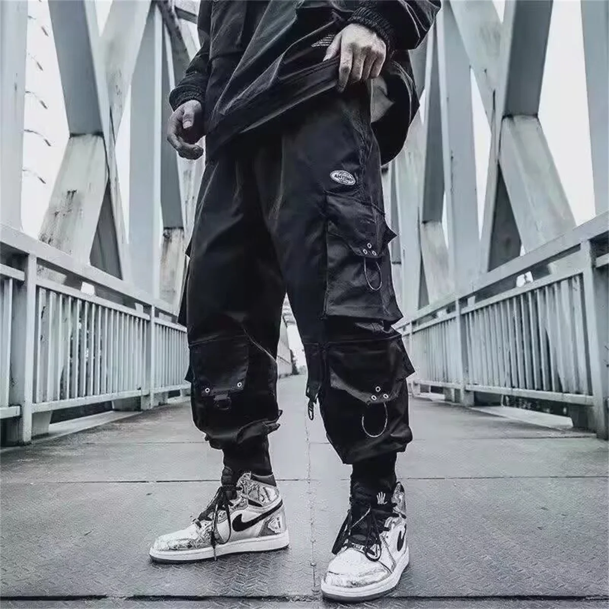 Funktionale Cargohose mit großen Taschen für Herren, Harajuku, lockerer Hip-Hop-Stil, trendige, elastische, knöchellange Freizeithose, moderne Streetwear – Detail 12