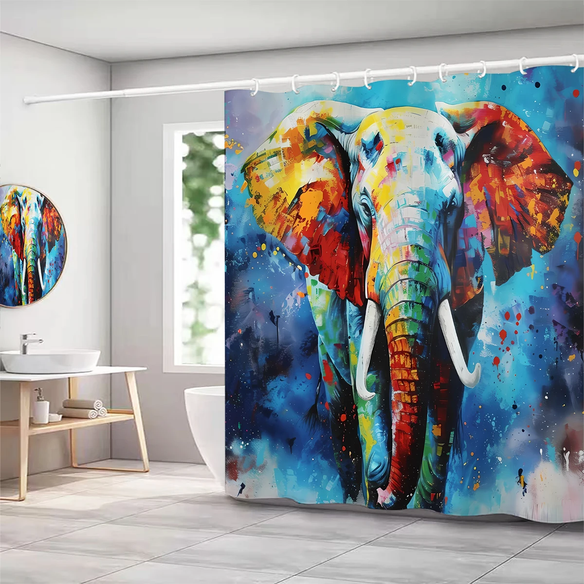 1 pc elephant patterned polyester material shower curtain waterproof fabric, thickened anti mold partition curtain for bathr