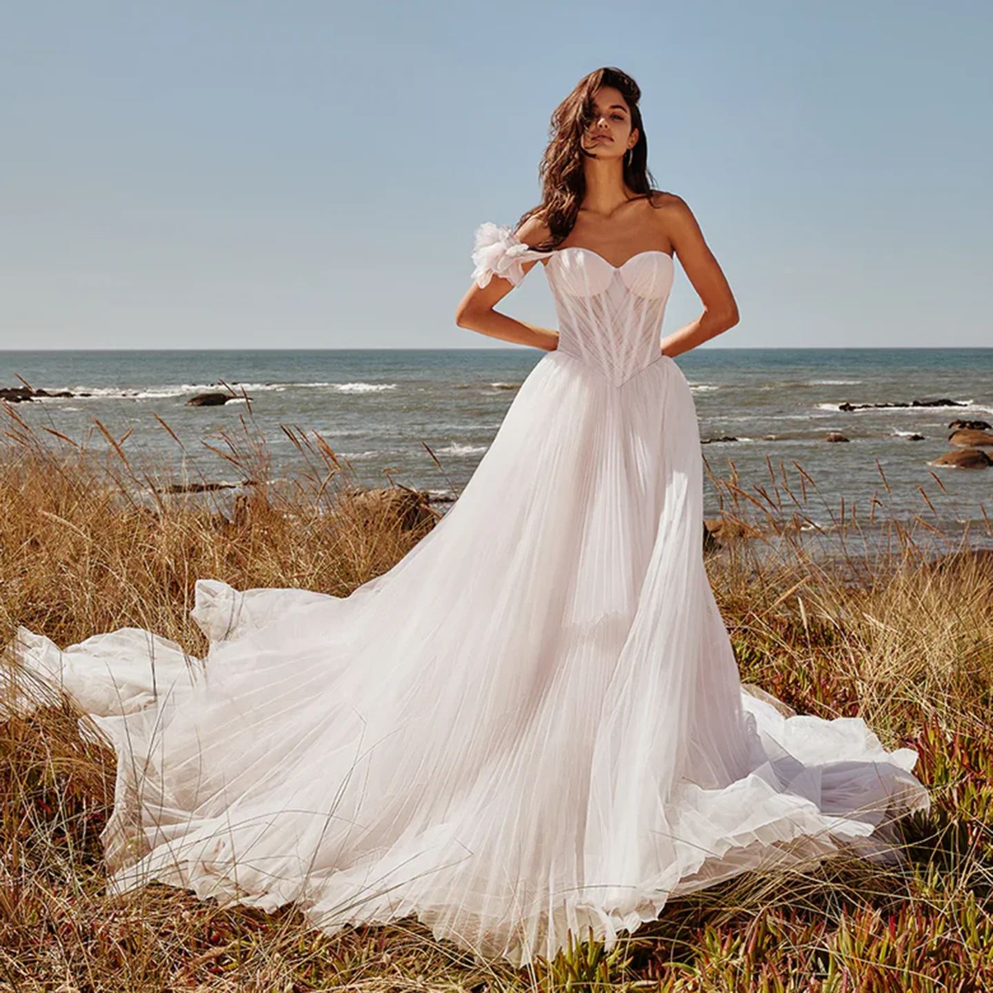 

Sharon Said 2025 Romantic 3D Flowers Off White Tulle Wedding Dress Simple One Shoulder A-Line Corset Bride Gown SW352 Customized