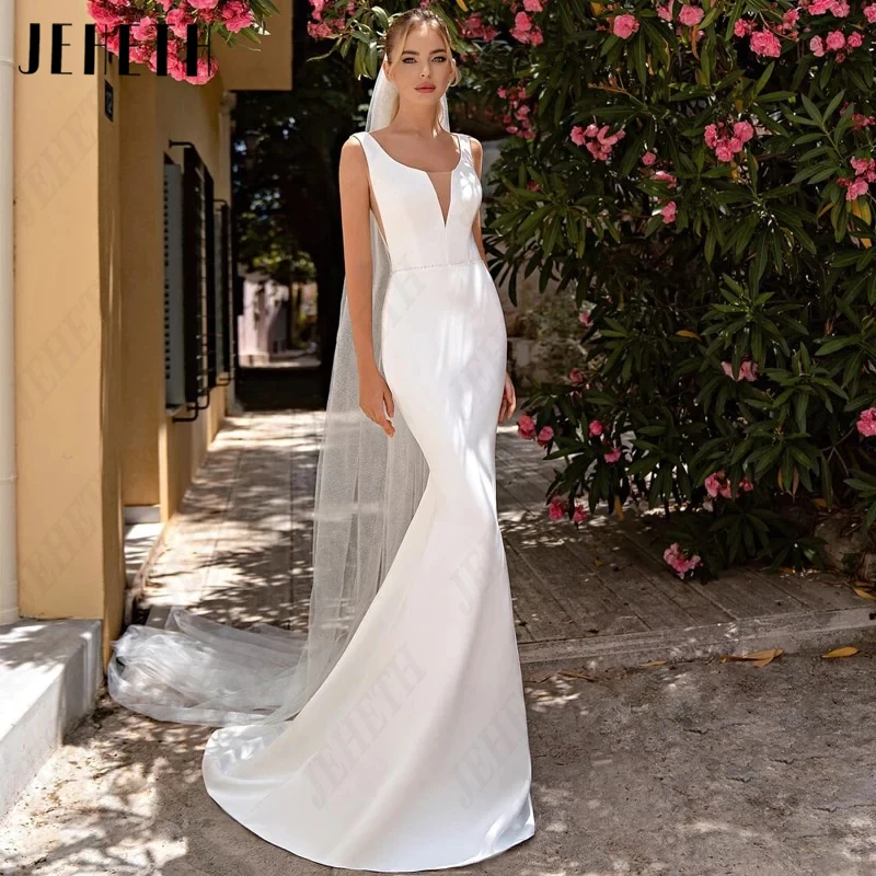 

JEHETH O-Neck Mermaid Wedding Dresses Women Simple Sleeveless Bridal Gowns Vintage Satin Illusion Robe De Mariée Button Backless