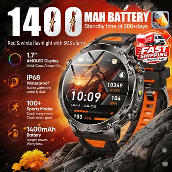 Smartwatch męski 2026 Ultra New z dużą baterią 1400mAh, ekranem AMOLED 1.7 cala, latarką LED, funkcją połączeń Bluetooth, wodoodpornością IP68, do użytku na zewnątrz, wojskowy, sportowy.