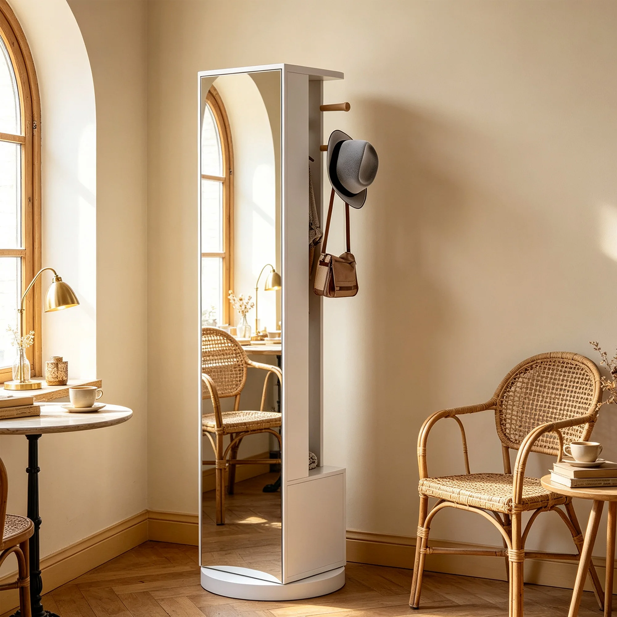 Anajqaqia Specchio a figura intera 3 in 1, appendiabiti con 2 cassetti, stendibiancheria, armadio da terra con rotazione a 360° ° Specchio Girevole per Soggiorno, Spogliatoio, Bianco