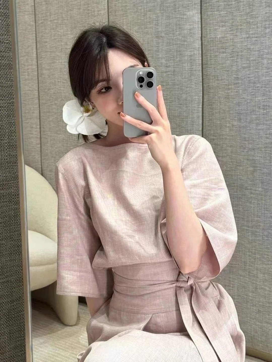 Spring summer solid color luxurious elegant linen skirt suit