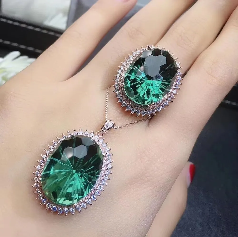 

Boutique Jewelry 925 Pure Silver Natural Green Crystal 15x20mm Gemstone Women's Pendant Ring Set Extra Large Stone Plated Rose