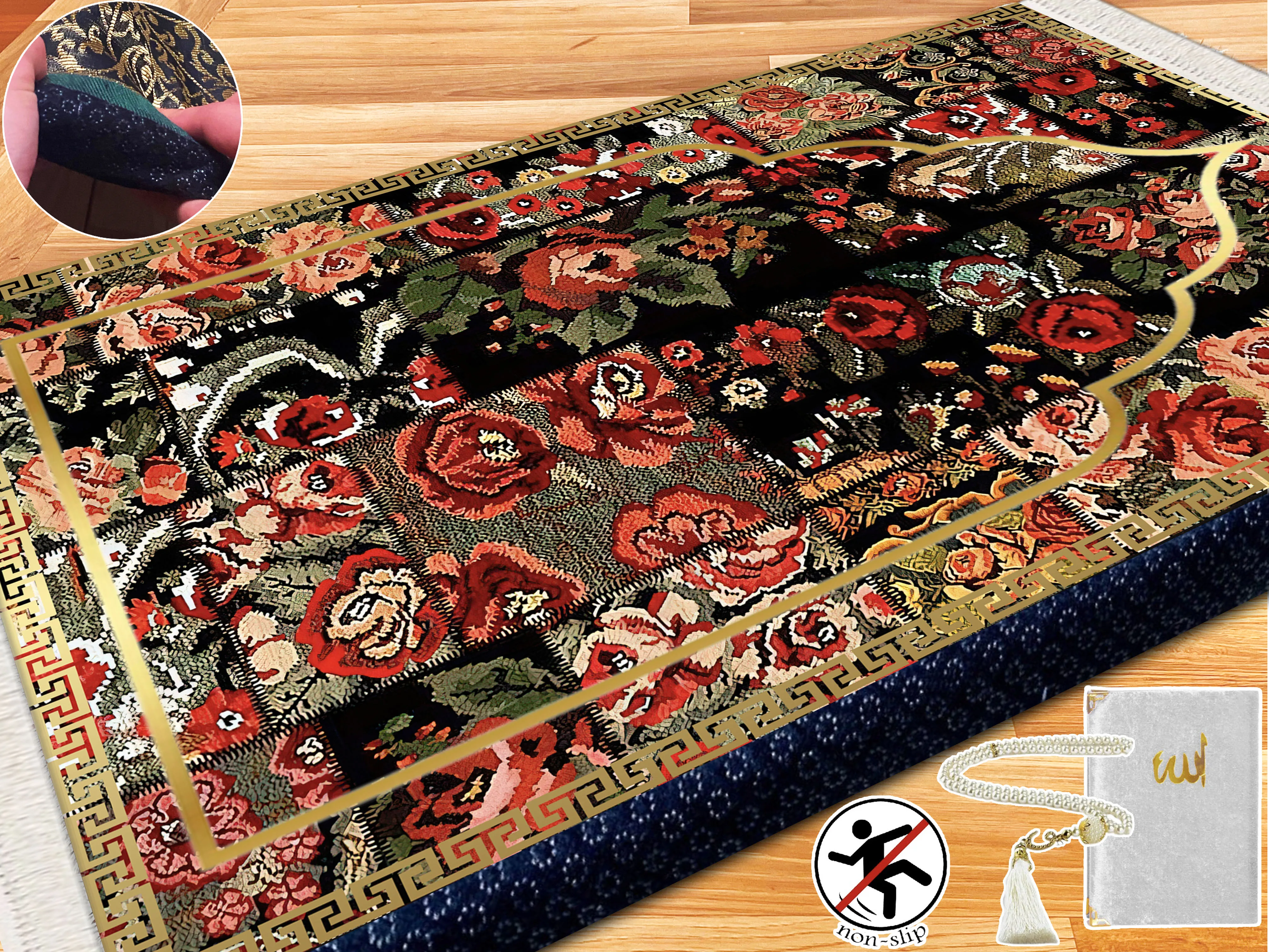 Extra Thick Foam Padded Turkish Rose Flower Prayer Rug, Yaseen, Soft Praying Mat Carpet & Pearl Tasbeeh, İslamic Gift Set