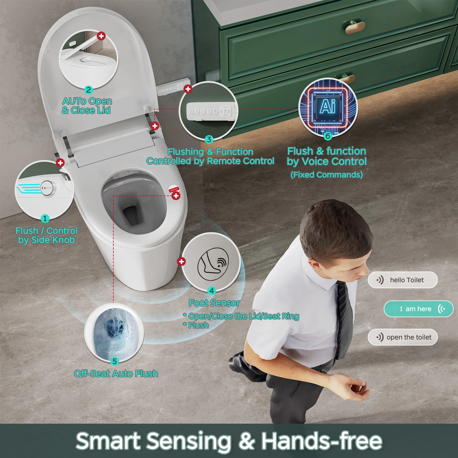 Smart Toilet with Bidet Built In, AUTO Deodorization, ADA Height 17.7", One Piece Heated Toilet with Foam Shield, Voice Control