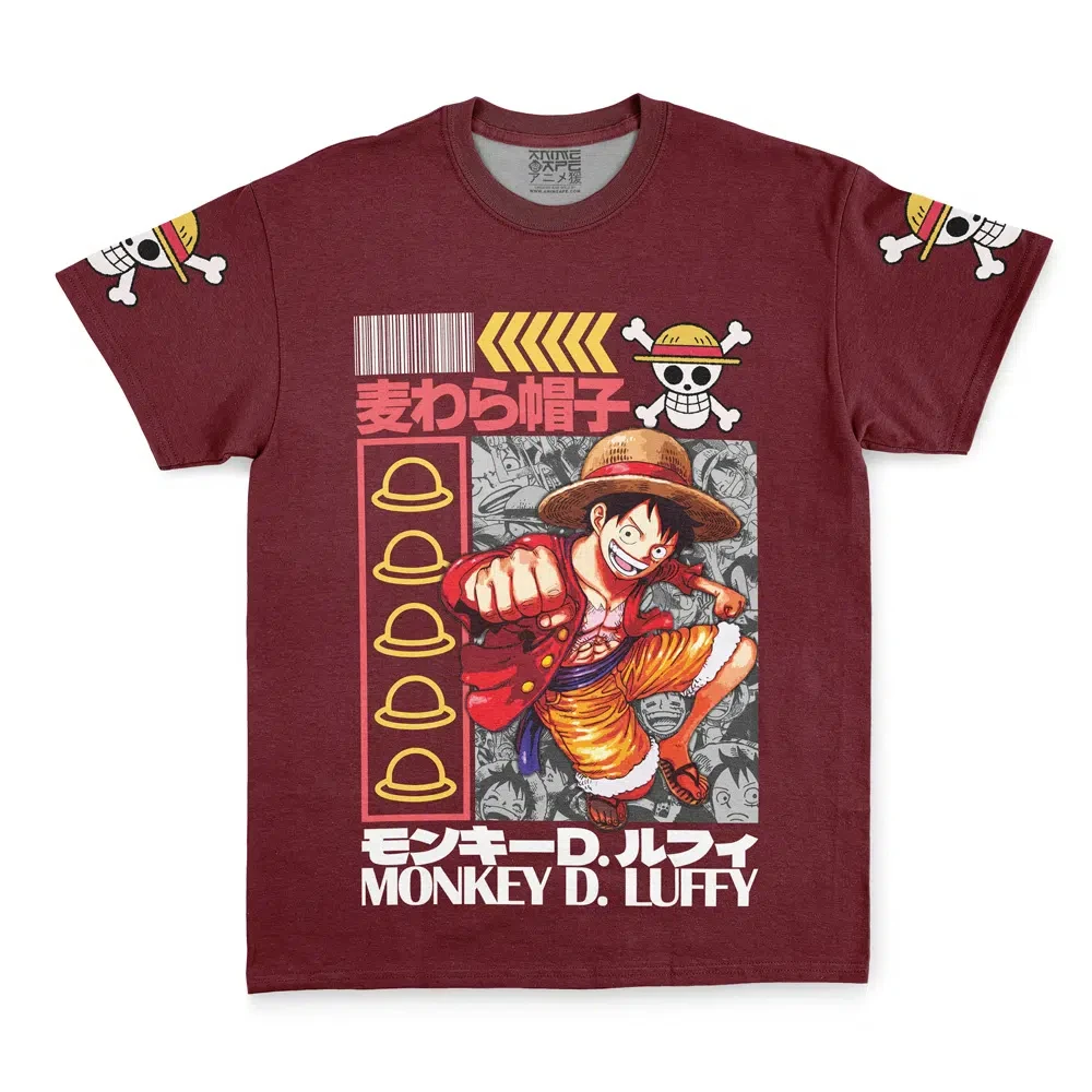 Herren-T-Shirt „One Piece Monkey D. Luffy Straw Hat Pirates“ mit japanischem Text und Ärmeldruck, Rundhalsausschnitt, Burgunderrot, Vintage Otaku Stre