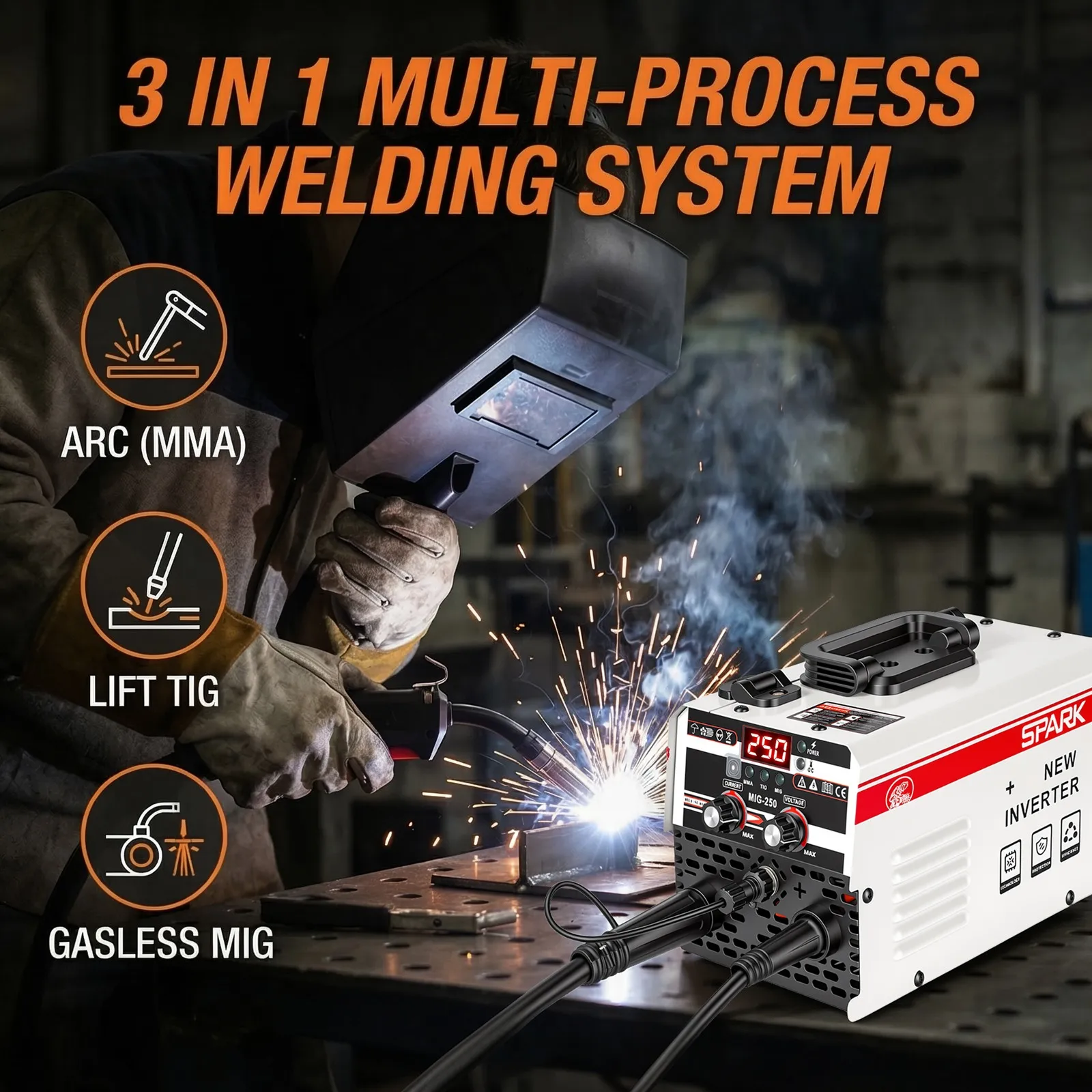 3-in-1 MIG250 Tragbares Inverter-Schweißgerät mit LED-Digitalanzeige, Einstellbarem Strom, Magnetring-Transformator, 220V Elektroschweißgerät