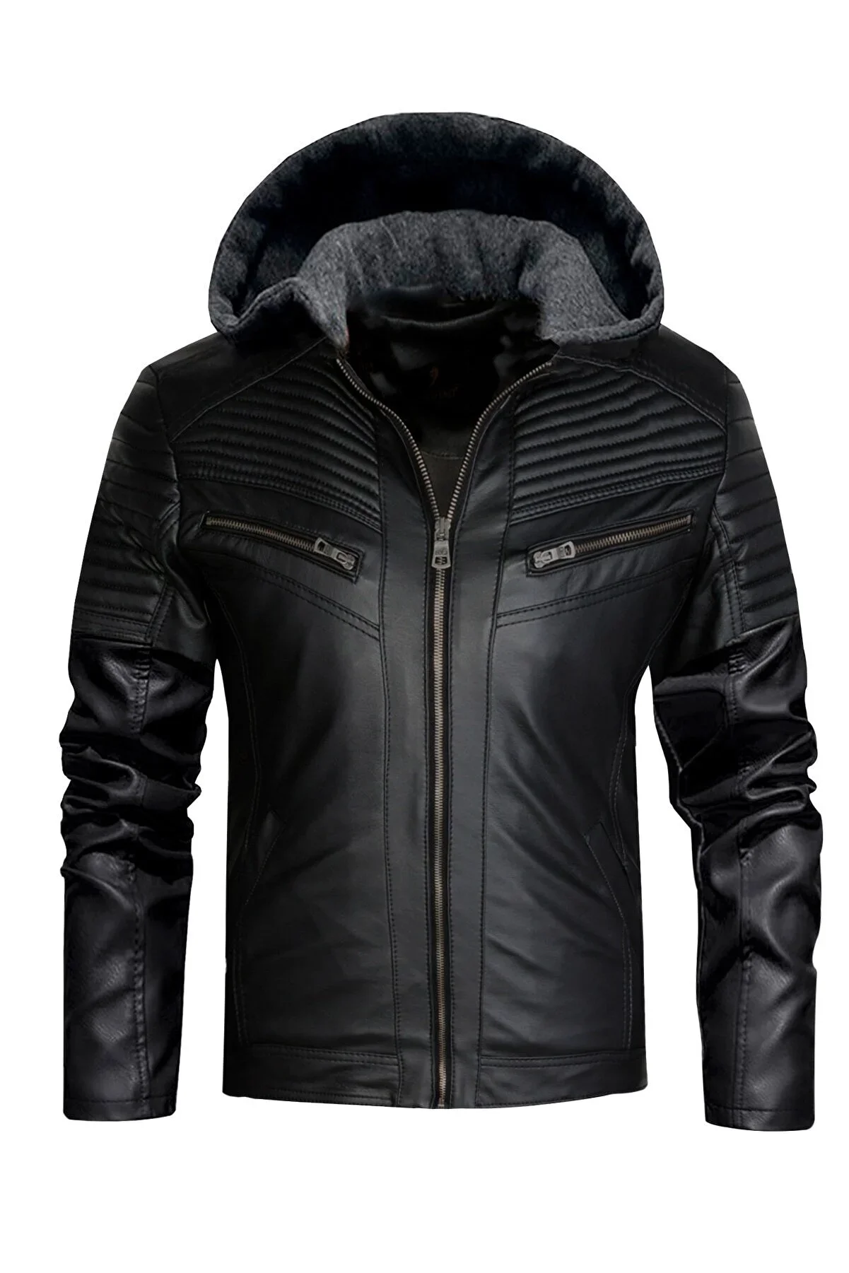 2022 Winter Men's Black Slim Fit Hooded Leather Jacket Lined And Shearling Faux Leather