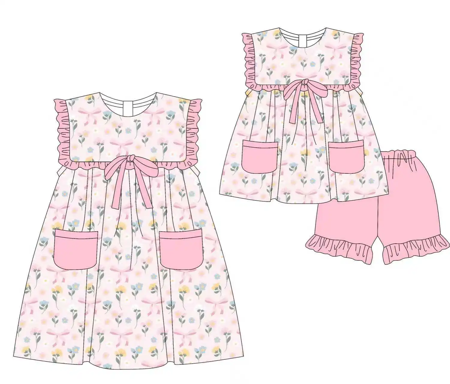 New Boutique Children's Set Girls' Sleeveless Ruffled Set Bow Decoration and Pockets Flower Bow Prints Matching Dress Baby Grils