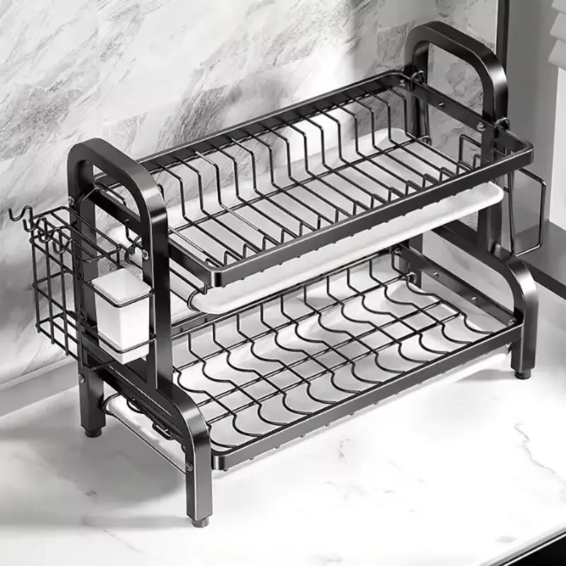 Rak Pengering Piring 2 Tingkat Rak Piring Dapur Kompak Set Drainboard Pengering Piring Besar Tahan Karat dengan Tempat Perkakas Rak Dapur